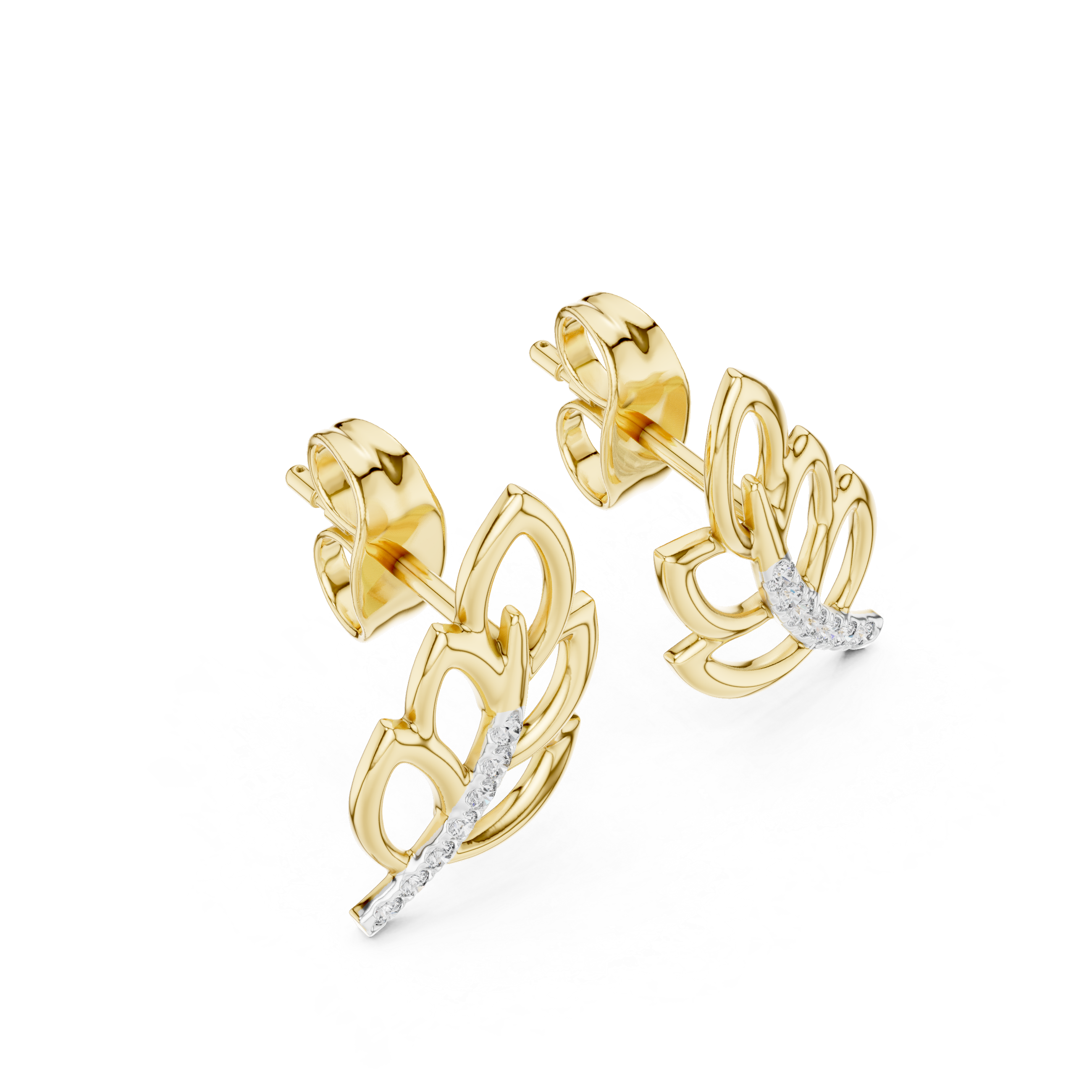 Intricate Diamond Willow Leaf Stud Earrings