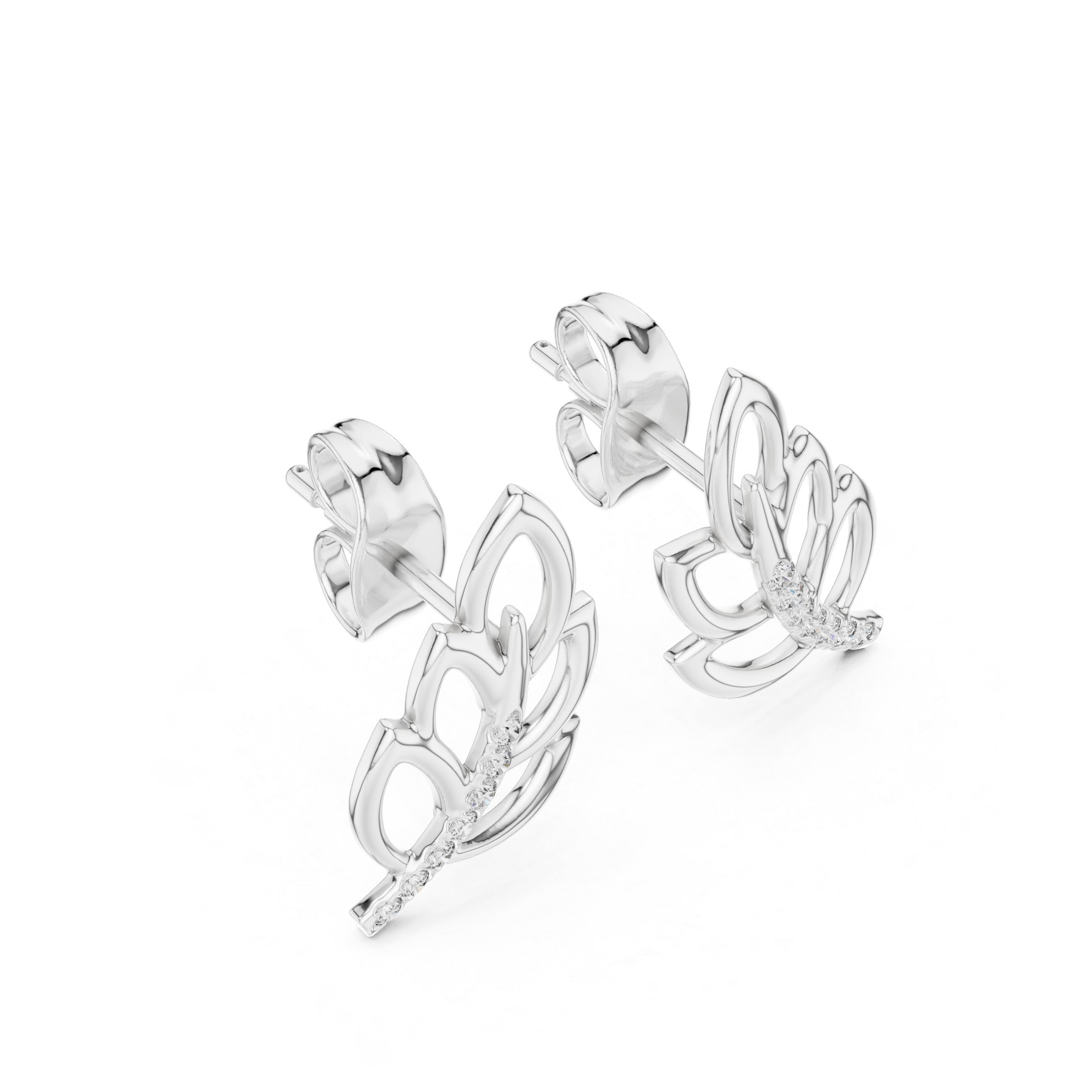 Intricate Diamond Willow Leaf Stud Earrings