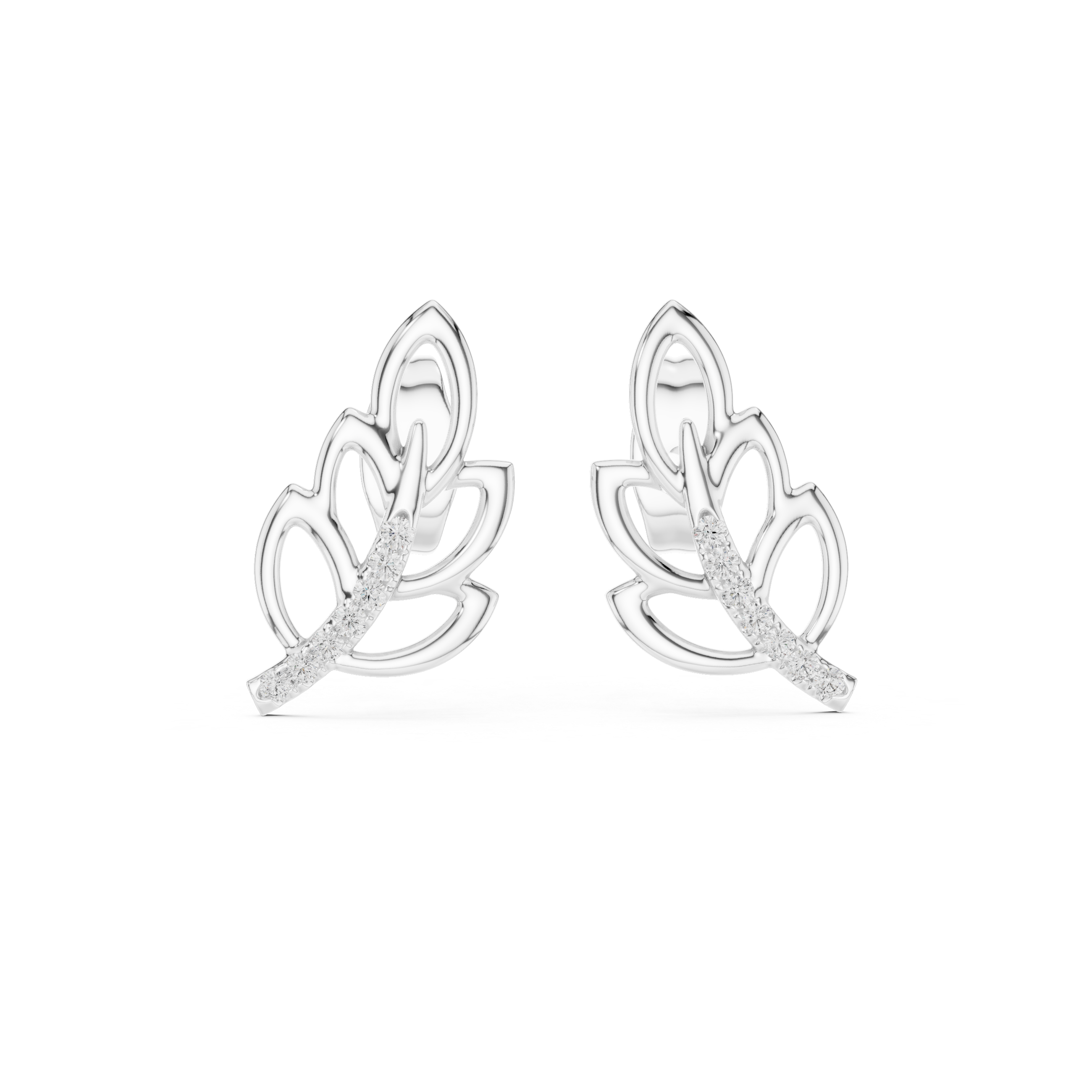 Intricate Diamond Willow Leaf Stud Earrings